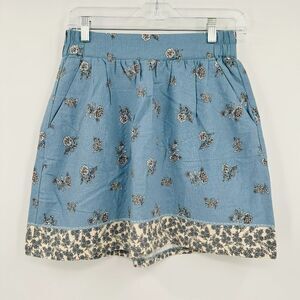 LOFT Size XSP Dusty Blue Floral Print Boho Linen Mini Skirt w/ Pockets